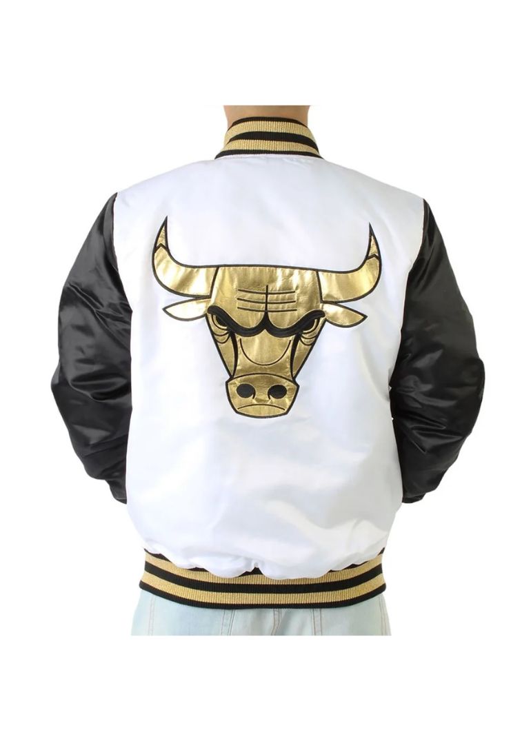 Chicago Bulls Black and White Satin Jacket 2 Chicago Bulls Black and White Satin Varsity Jacket