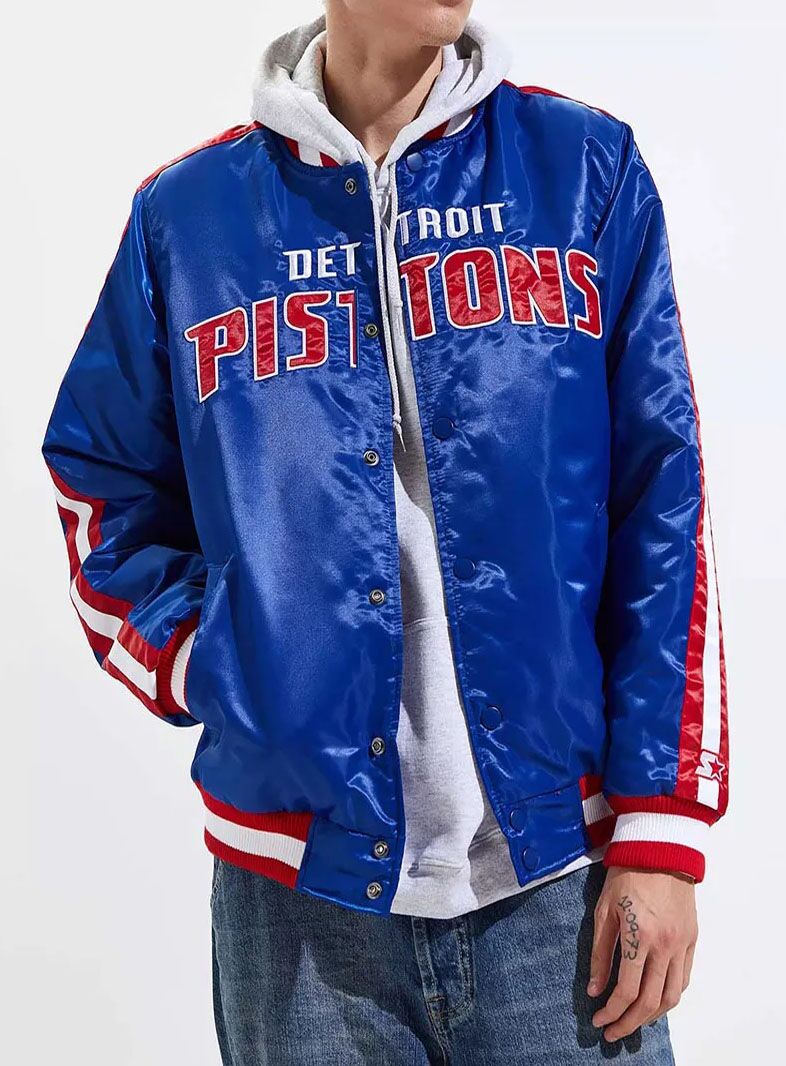Detroit Pistons Striped Varsity Blue Satin Jacket 4 Detroit Pistons Striped Varsity Blue Satin Jacket