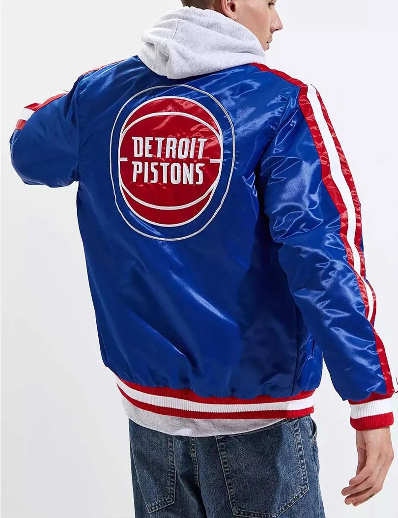 Detroit Pistons Striped Varsity Blue Satin Jacket 3 Detroit Pistons Striped Varsity Blue Satin Jacket