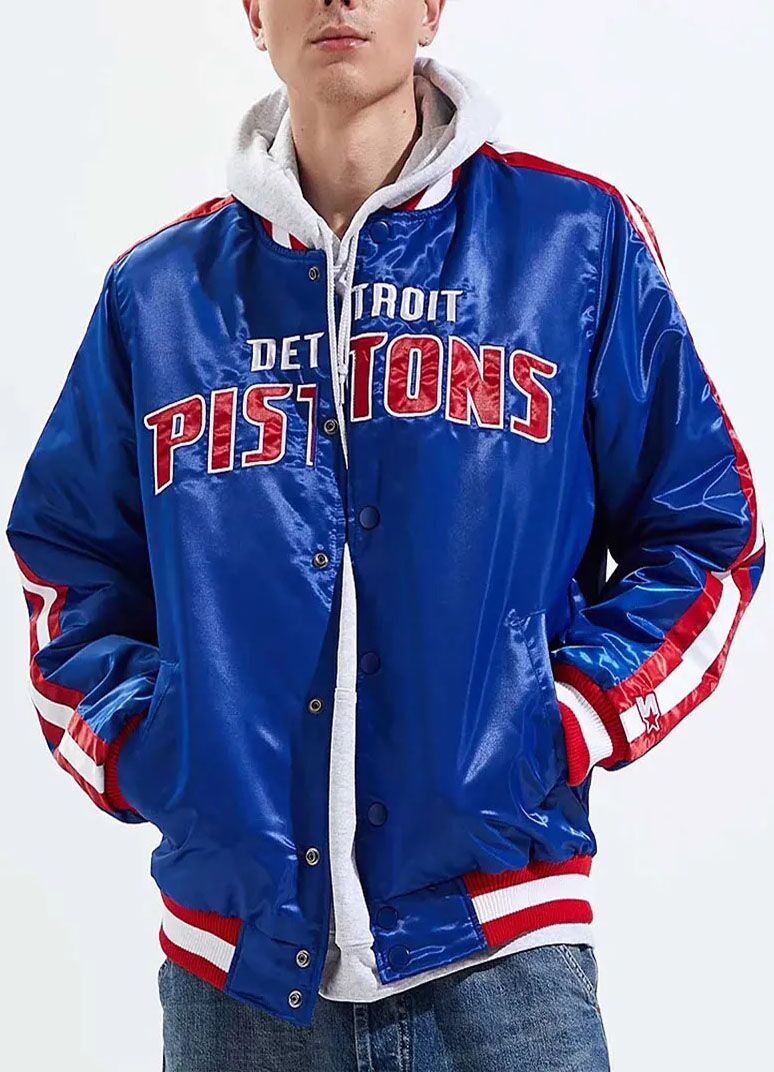 Detroit Pistons Striped Varsity Blue Satin Jacket 1 Detroit Pistons Striped Varsity Blue Satin Jacket