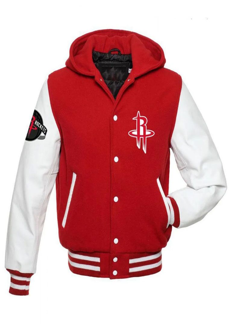 Houston Rockets NBA Varsity Red and White Hooded Jackets 1 Houston Rockets NBA Varsity Red and White Hooded Jackets
