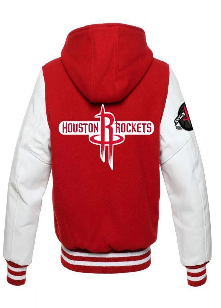 Houston Rockets NBA Varsity Red and White Hooded Jackets 2 Houston Rockets NBA Varsity Red and White Hooded Jackets