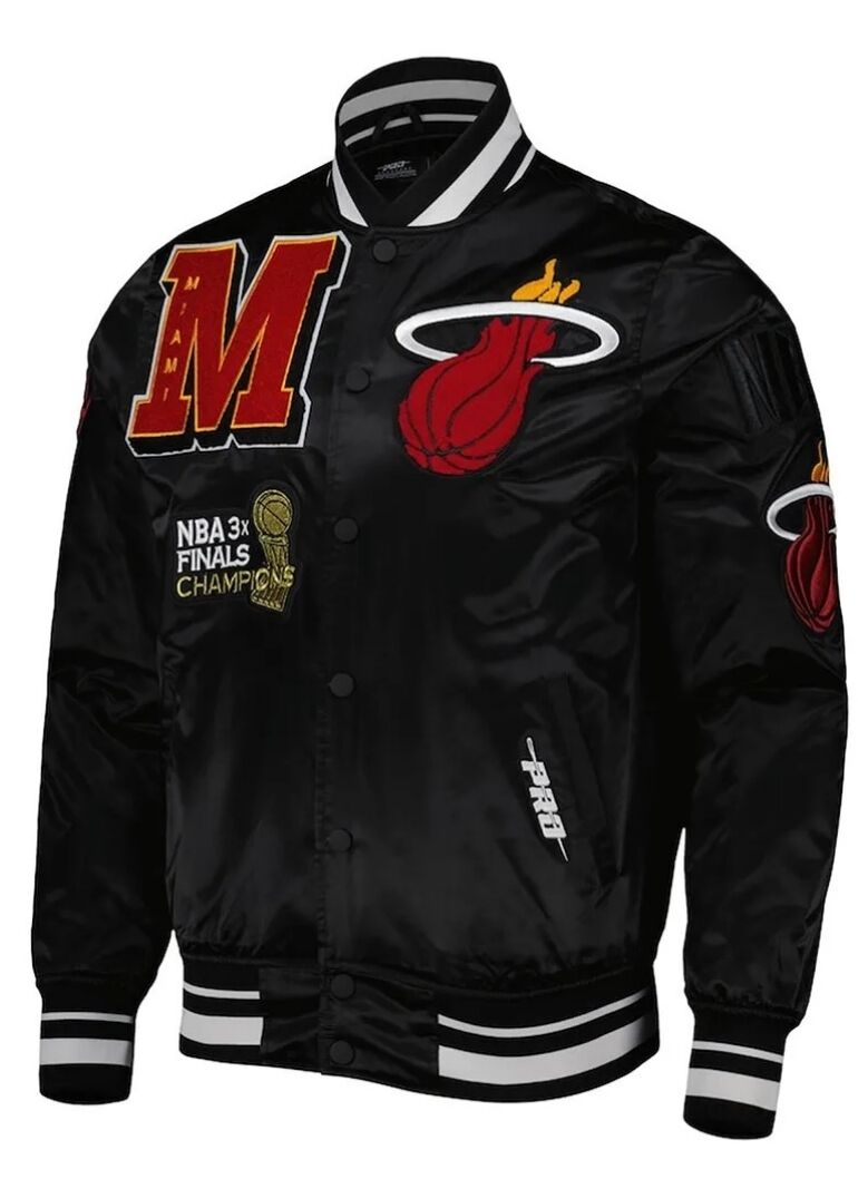 Miami Heat Mash Up Bomber Black Satin Jacket 1 Miami Heat Mash Up Bomber Black Satin Jacket