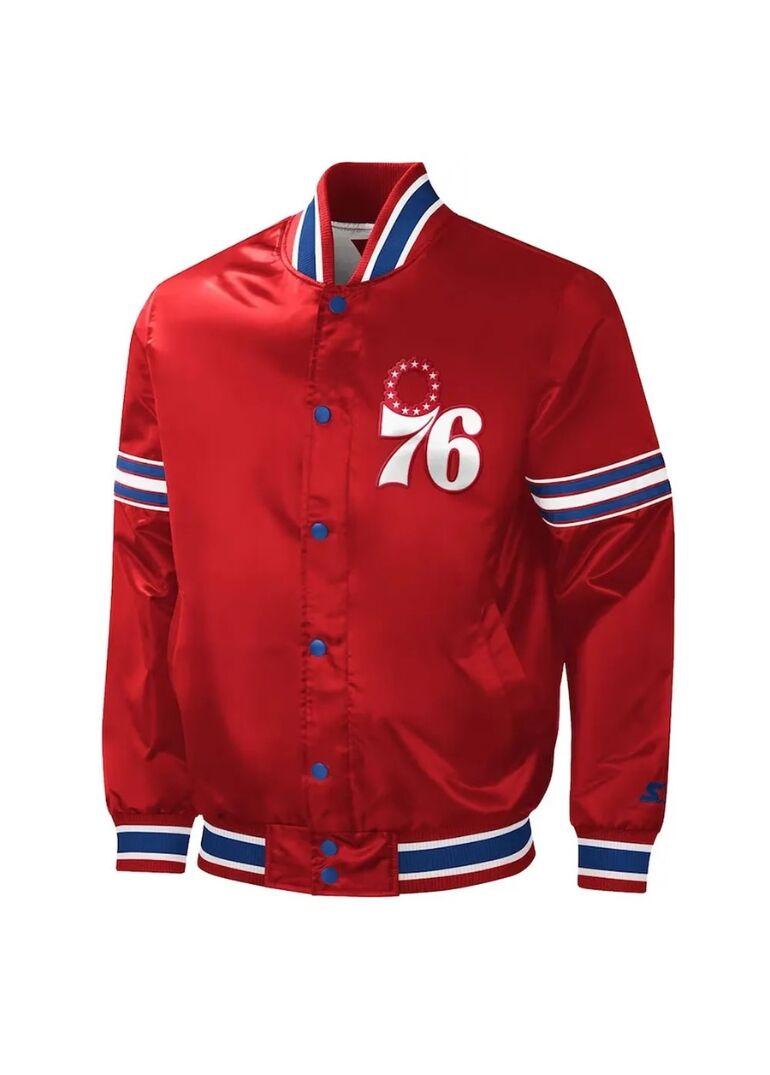 Philadelphia 76ers Slider Red Varsity Satin Jacket 1 Philadelphia 76ers Slider Red Varsity Satin Jacket