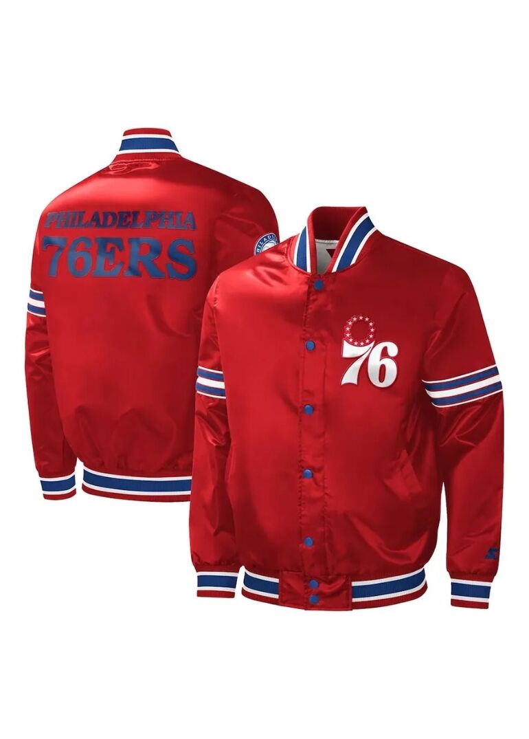 Philadelphia 76ers Slider Red Varsity Satin Jacket 3 Philadelphia 76ers Slider Red Varsity Satin Varsity Jacket