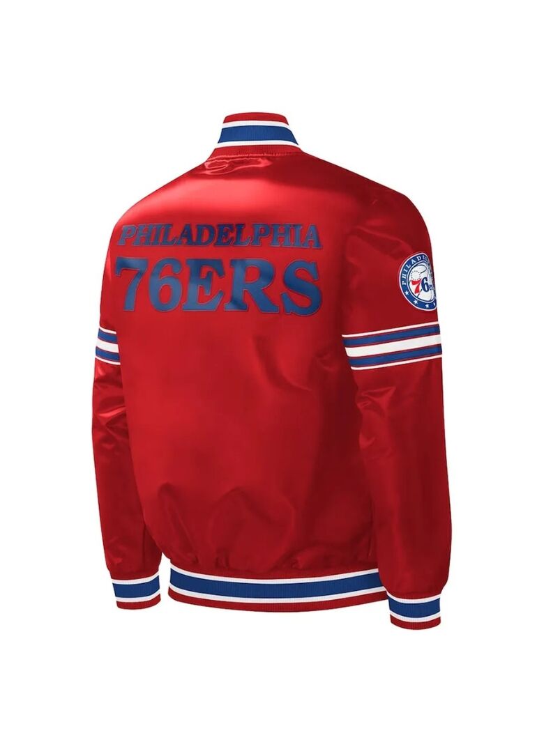 Philadelphia 76ers Slider Red Varsity Satin Jacket 2 Philadelphia 76ers Slider Varsity Satin Jacket