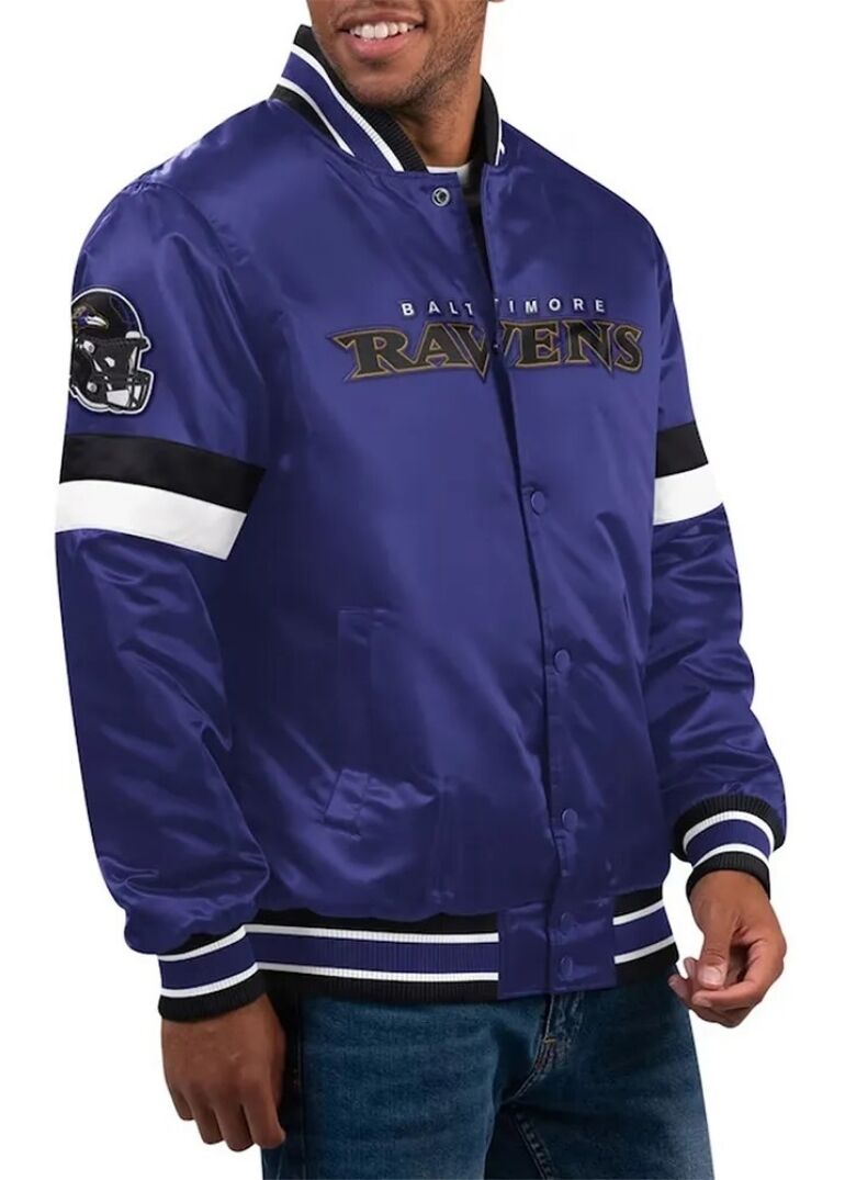 Home Game Baltimore Ravens Purple Satin Jacket 1 Purple Baltimore Ravens Home Game Varsity Full-Snap Satin Jacket