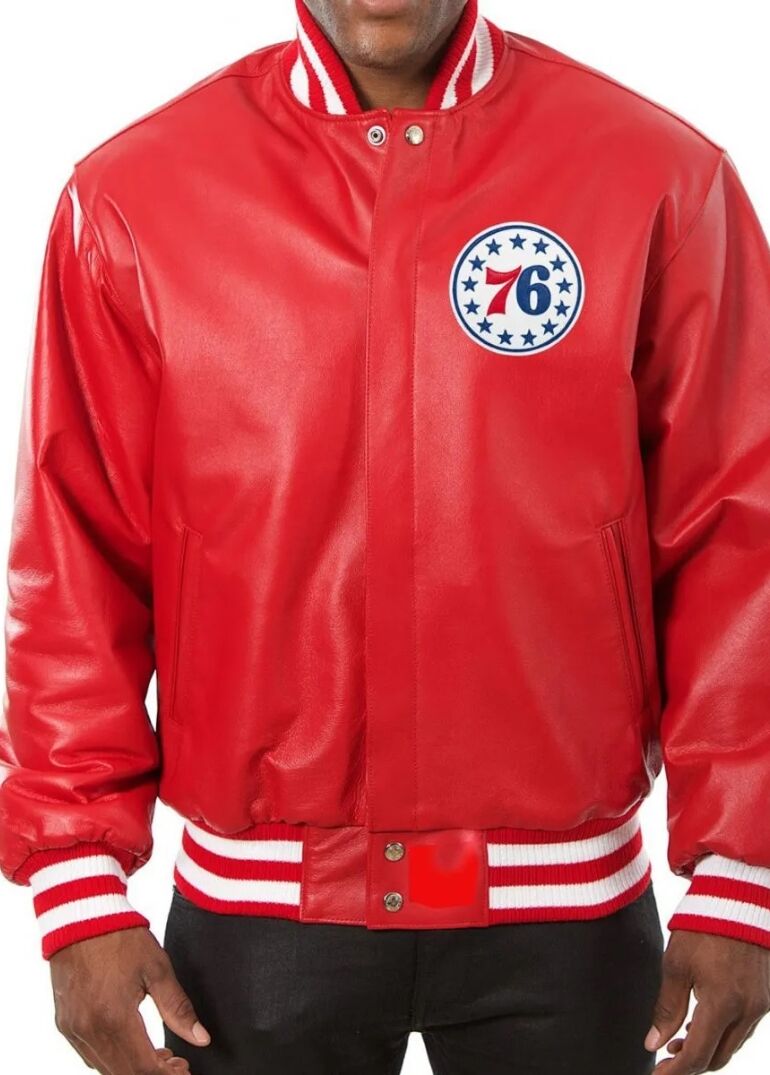 Varsity Philadelphia 76ers Red Leather Jacket 1 Varsity Philadelphia 76ers Red Leather Jacket