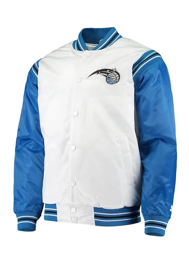 White and Blue Orlando Magic Renegade Varsity Satin Jacket 1 White and Blue Orlando Magic Renegade Varsity Satin Jacket