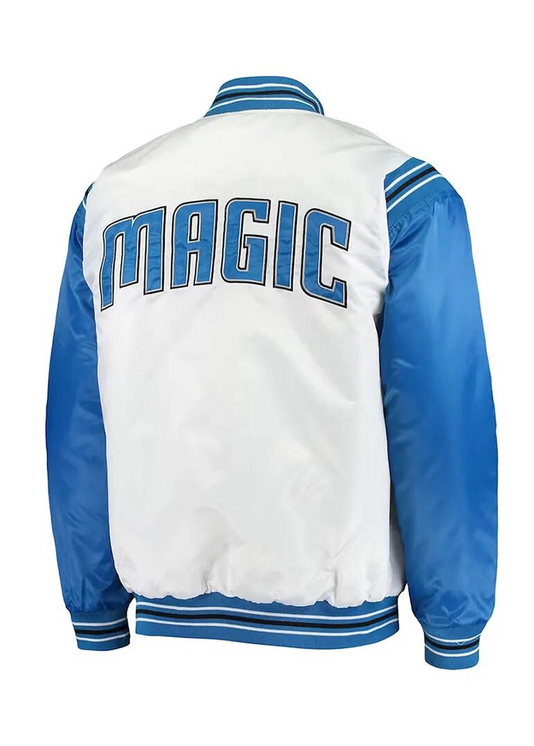 White and Blue Orlando Magic Renegade Varsity Satin Jacket 2 White and Blue Orlando Magic Renegade Varsity Satin Jacket
