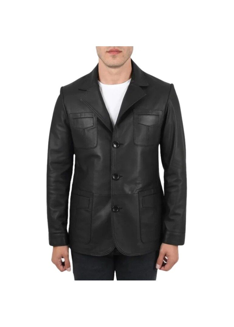 Real Lambskin Black Leather Blazer For Mens 1 Black-Mens-Leather-Blazer-Front-768x768