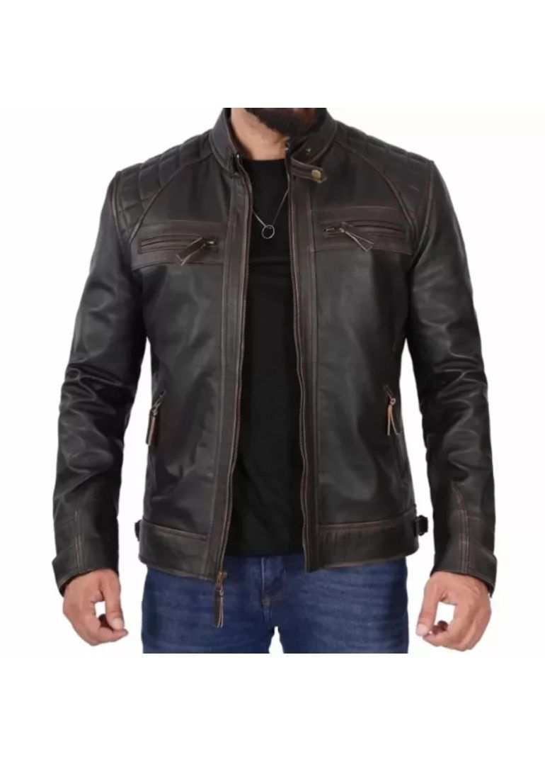 Men’s Cafe Racer Distressed Brown Leather Jacket 1 Dark-Brown-Leather-Jacket-Mens-Front-768x768