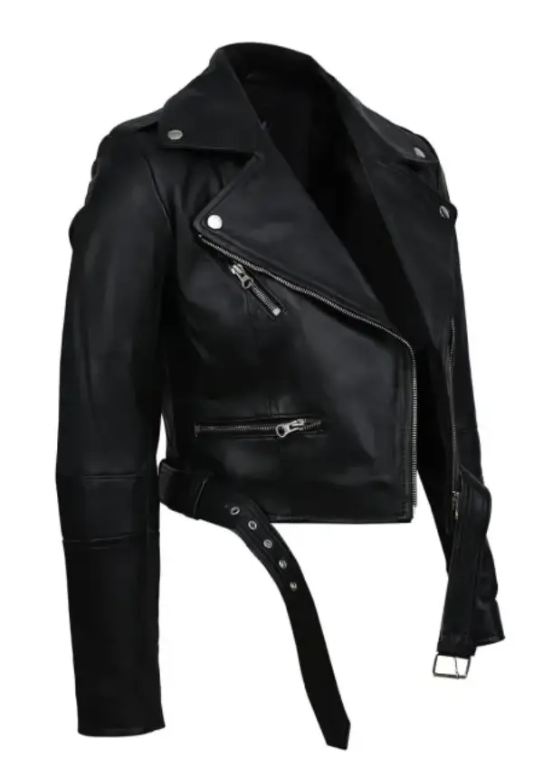Biker Black Cropped Leather Jacket Womens 2 Biker Black Cropped Leather Jacket Womens - Image 2