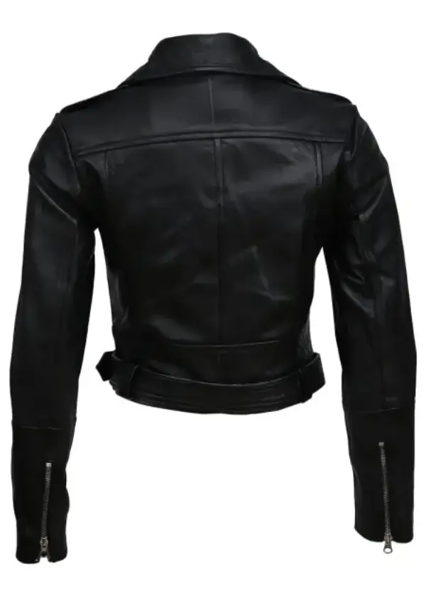 Biker Black Cropped Leather Jacket Womens 3 Biker Black Cropped Leather Jacket Womens - Image 3