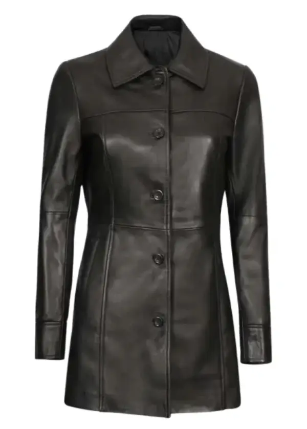 Black 3/4 Length Leather Coat Womens 2 Black 3/4 Length Leather Coat Womens - Image 2