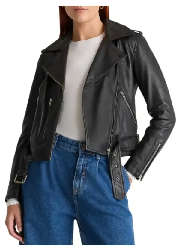 Black Biker Cropped Leather Jacket Womens 2 Black Biker Cropped Leather Jacket Womens - Image 2