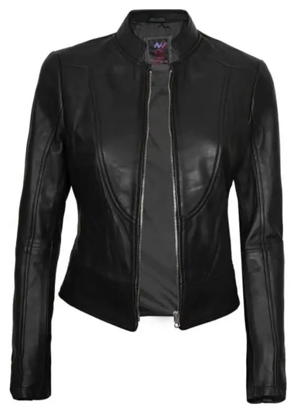 Black Cafe Racer Motorcycle Jacket Womens 2 Black Cafe Racer Motorcycle Jacket Womens - Image 2