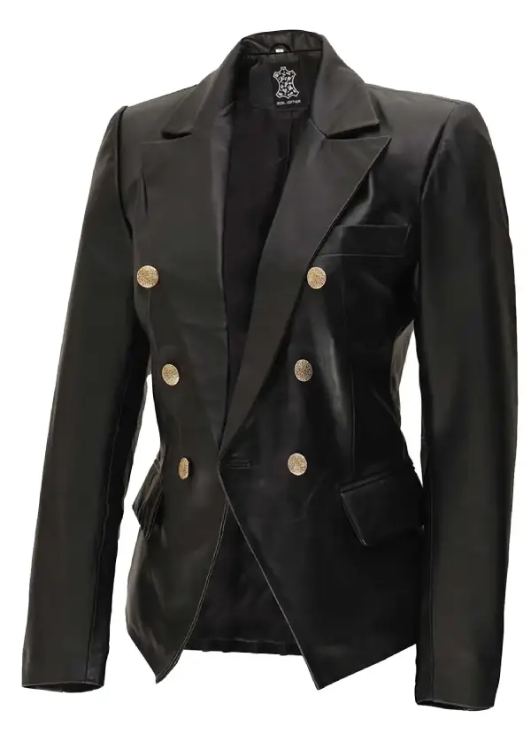Kim Double Breasted Black Leather Blazer Womens 2 Kim Double Breasted Black Leather Blazer Womens - Image 2