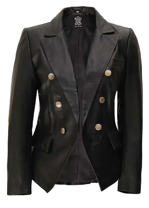 Kim Double Breasted Black Leather Blazer Womens 1 Kim Double Breasted Black Leather Blazer Womens