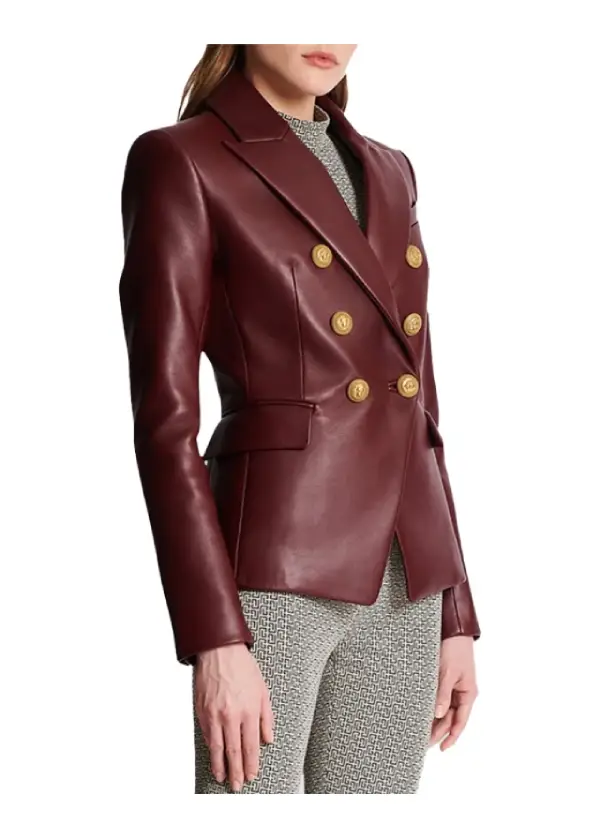Kim Double Breasted Burgundy Leather Blazer Womens 2 Kim Double Breasted Burgundy Leather Blazer Womens - Image 2