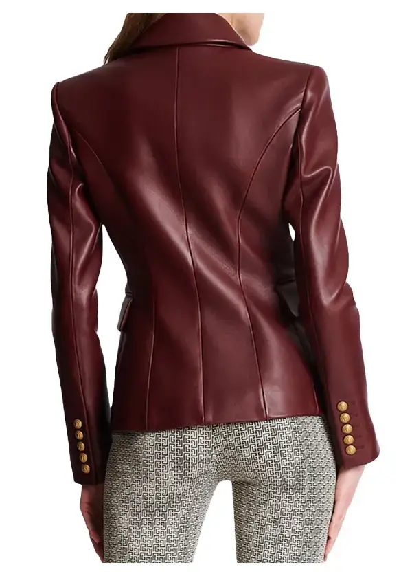 Kim Double Breasted Burgundy Leather Blazer Womens 3 Kim Double Breasted Burgundy Leather Blazer Womens - Image 3
