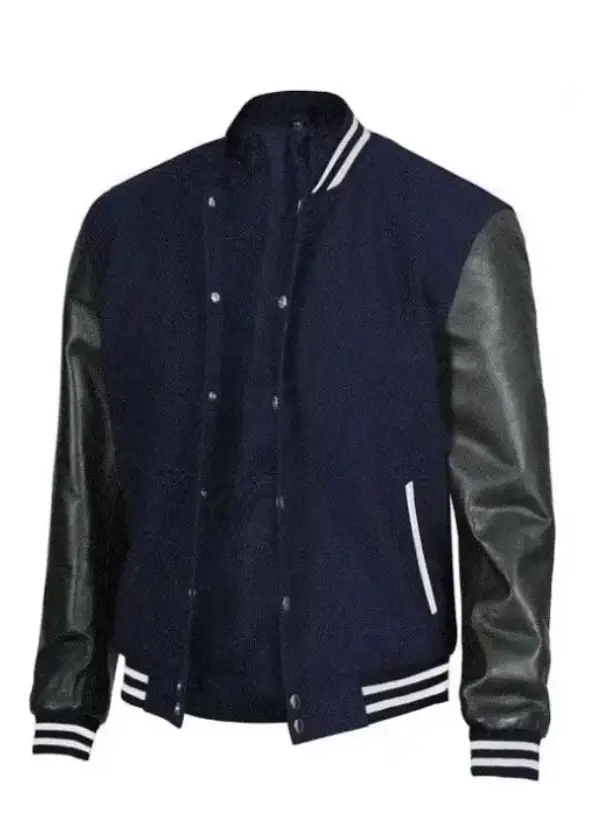 Mens Navy Blue Varsity Jacket With Black Leather Sleeves 2 Mens Navy Blue Varsity Jacket With Black Leather Sleeves