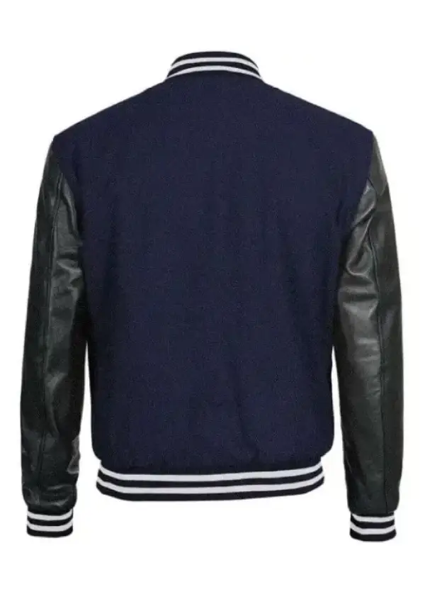 Mens Navy Blue Varsity Jacket With Black Leather Sleeves 3 Mens Navy Blue Varsity Jacket With Black Leather Sleeves - Image 3