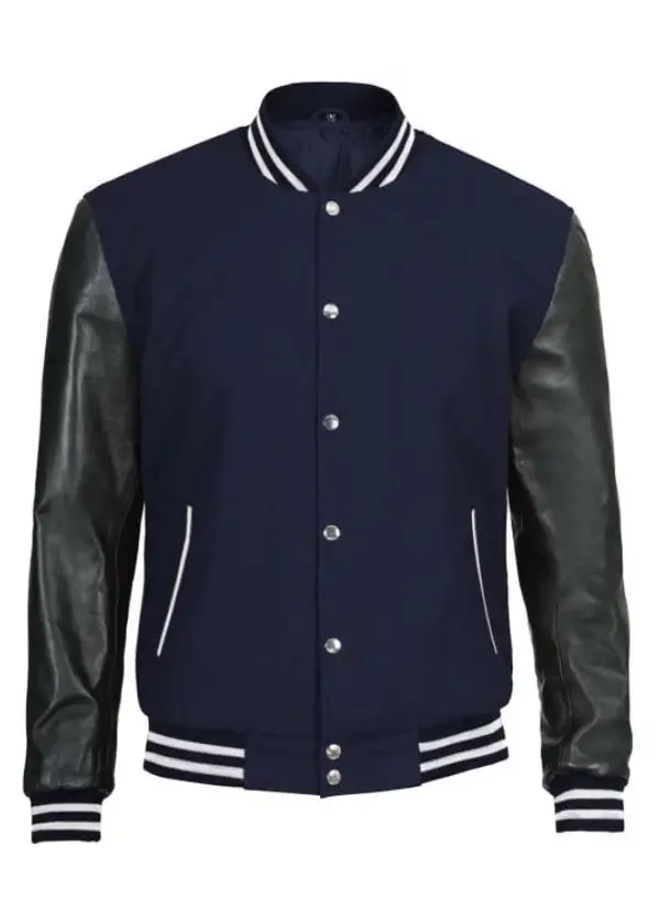 Mens Navy Blue Varsity Jacket With Black Leather Sleeves 1 Mens Navy Blue Varsity Jacket With Black Leather Sleeves