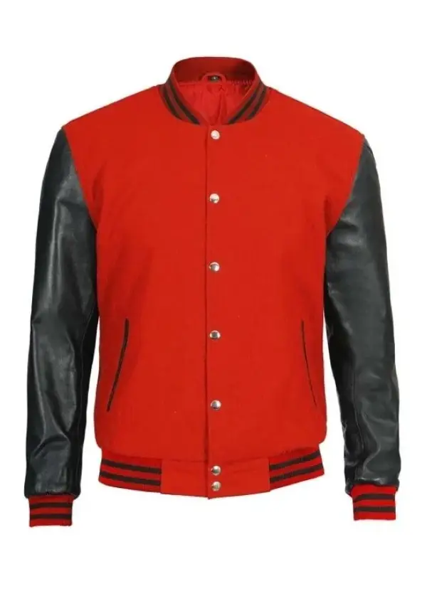 Mens Red And Black Varsity Jacket With Leather Sleeves 1 Mens Red And Black Varsity Jacket With Leather Sleeves