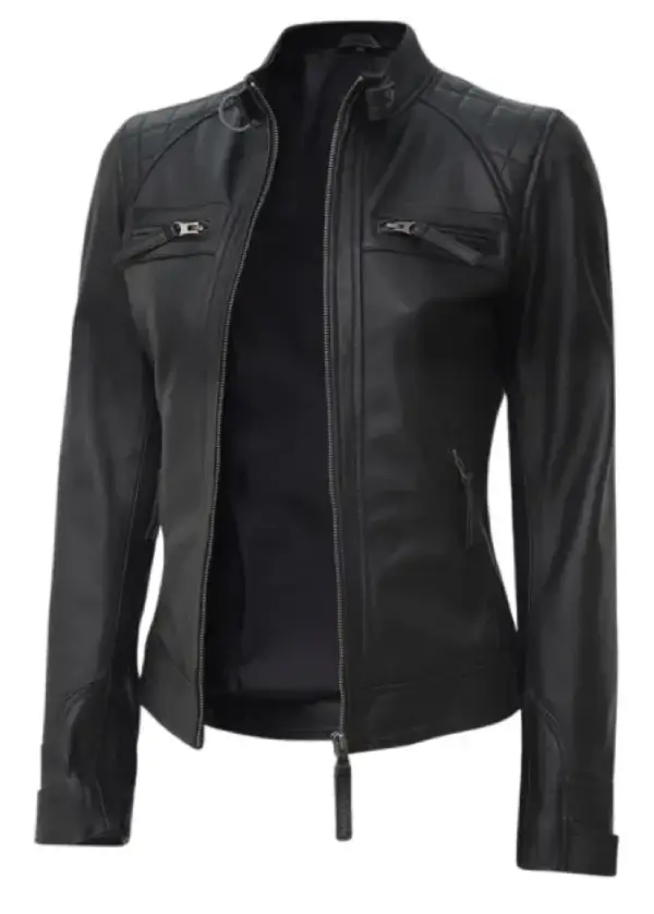 Cafe Racer Black Quilted Leather Jacket For Womens 6 Cafe Racer Black Quilted Leather Jacket For Womens - Image 6