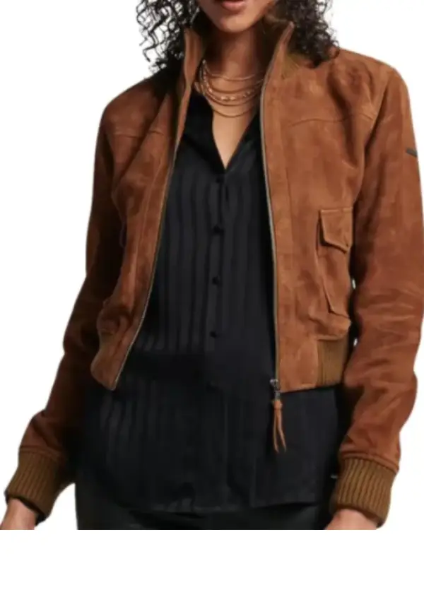 Suede Leather Brown Bomber Jacket Womens 4 Suede Leather Brown Bomber Jacket Womens - Image 4