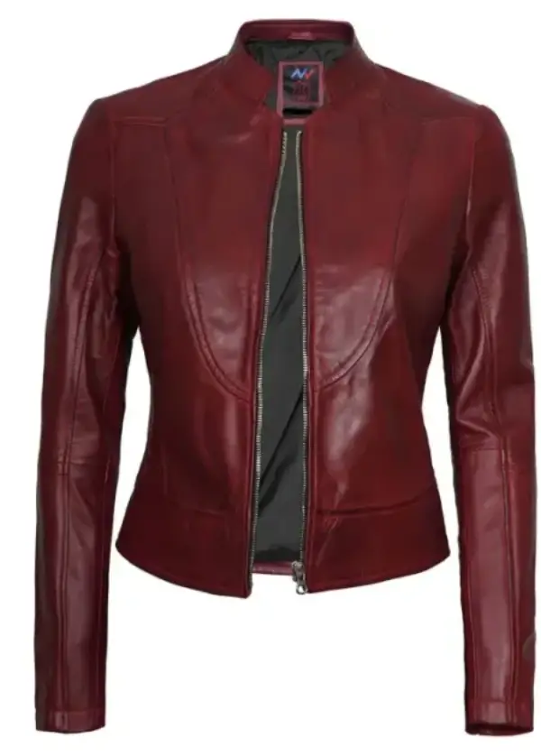 Cafe Racer Leather Maroon Moto Jacket For Womens 2 Cafe Racer Leather Maroon Moto Jacket For Womens - Image 2