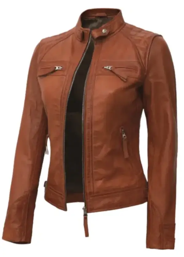 Cafe Racer Tan Leather Moto Jacket For Womens 5 Cafe Racer Tan Leather Moto Jacket For Womens - Image 5