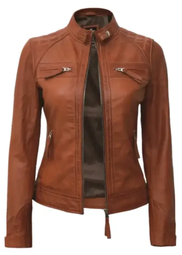 Cafe Racer Tan Leather Moto Jacket For Womens 3 Cafe Racer Tan Leather Moto Jacket For Womens - Image 3