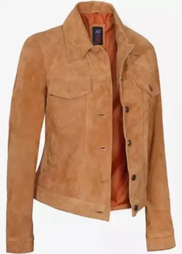 Camel Suede Leather Trucker Jacket For Womens 5 Camel Suede Leather Trucker Jacket For Womens - Image 5