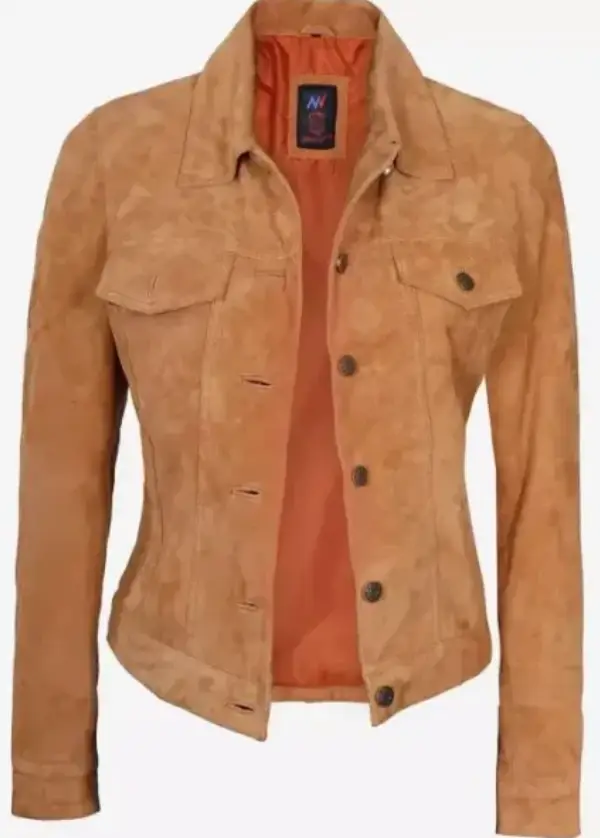 Camel Suede Leather Trucker Jacket For Womens 4 Camel Suede Leather Trucker Jacket For Womens - Image 4
