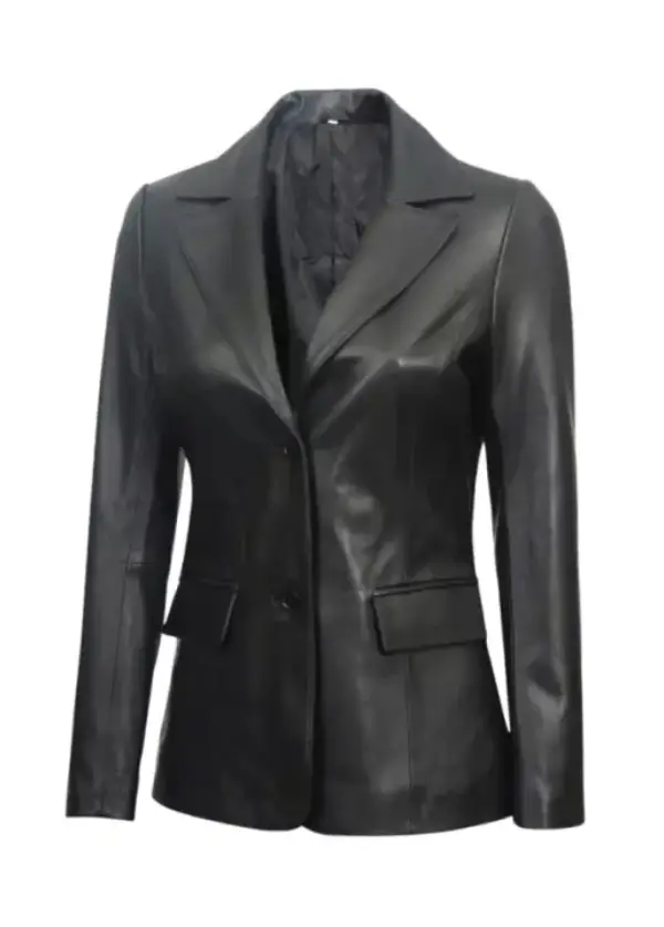 Two Button Black Leather Blazer Womens 2 Two Button Black Leather Blazer Womens - Image 2