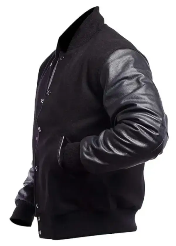 Unisex Black Varsity Letterman Jacket With Leather Sleeves 2 Unisex Wool Black Varsity Jacket