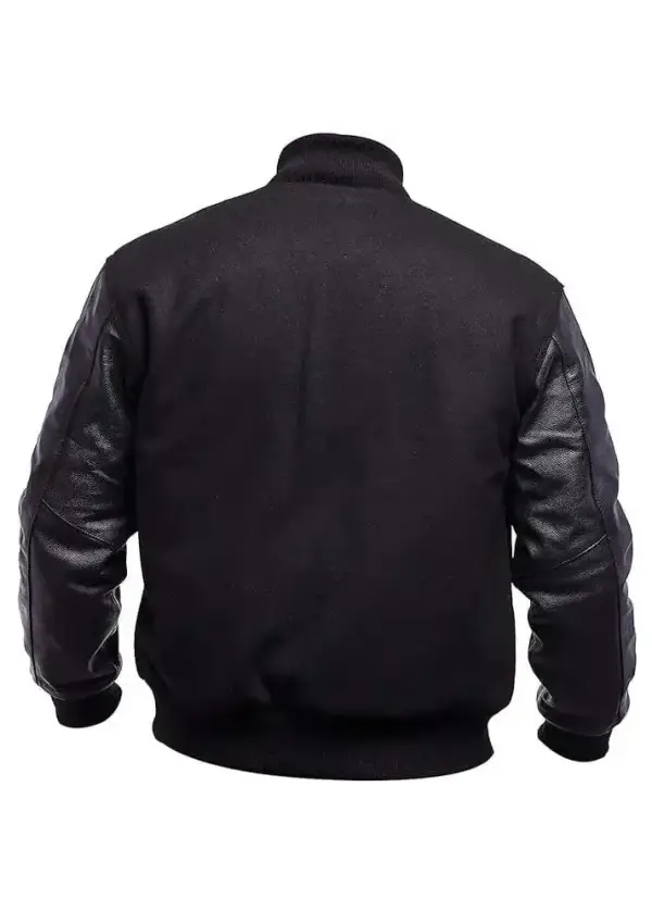 Unisex Black Varsity Letterman Jacket With Leather Sleeves 3 Unisex Black Varsity Letterman Jacket With Leather Sleeves - Image 3