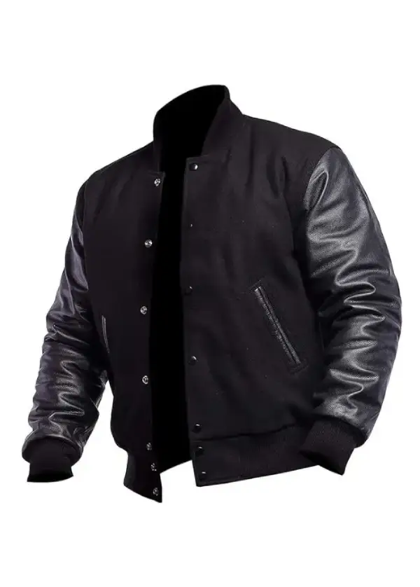 Unisex Black Varsity Letterman Jacket With Leather Sleeves 1 Unisex Wool Black Varsity Jacket