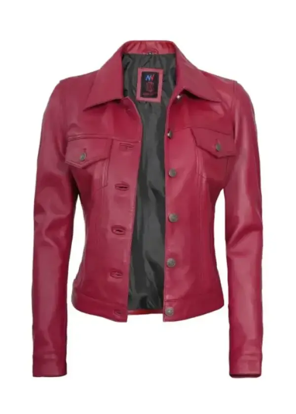 Women’s Pink Leather Trucker Jacket 2 Women’s Pink Leather Trucker Jacket