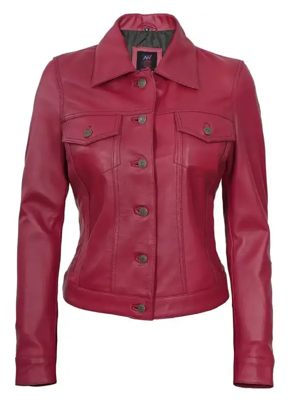 Women’s Pink Leather Trucker Jacket 1 Women’s Pink Leather Trucker Jacket