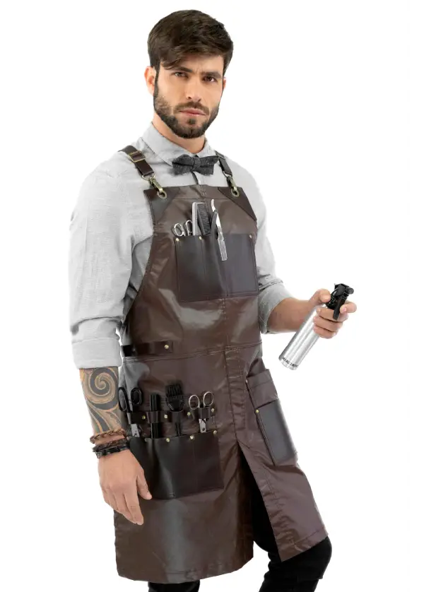 Barber Apron - Leather Straps, Pockets, Loops & Reinforcements - Crossback - Water Resistant 2 Barber Apron - Leather Straps