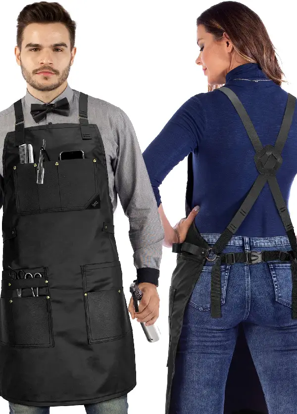 Barber Apron - Leather Straps, Pockets, Loops & Reinforcements - Crossback - Water Resistant 1 Barber Apron - Leather Straps