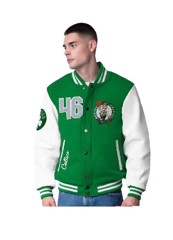 Men's Boston Celtics G-III Sports by Carl Banks Kelly Green Moneyball Wool & Leather Full-Snap Varsity Jacket 1 Men's Celtics Green Wool & Leather Varsity Jacket