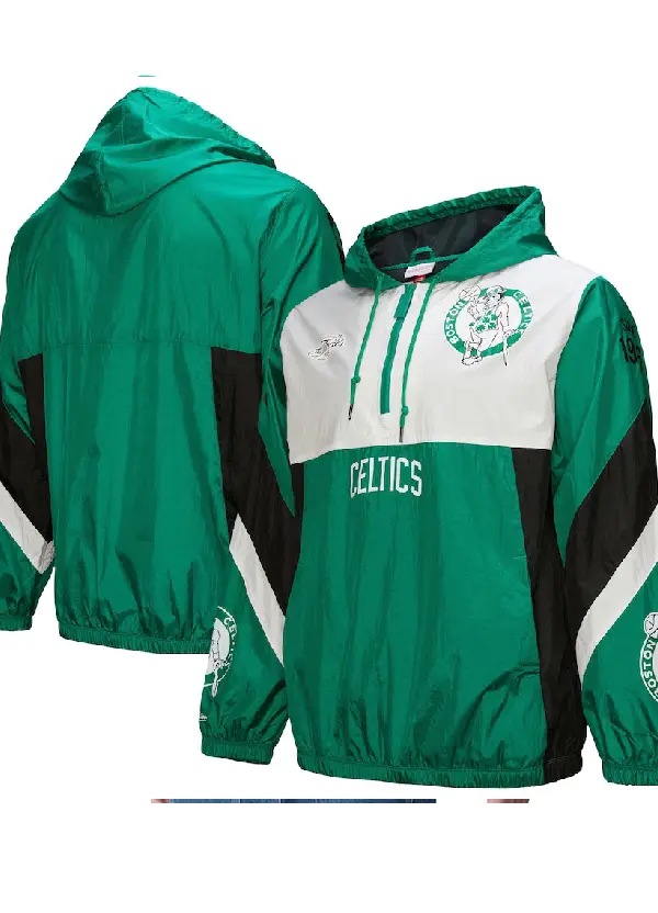 Men's Boston Celtics Mitchell & Ness Kelly Green Hardwood Classics Team Origins Anorak Quarter-Zip Windbreaker Jacket 1 Men's Celtics Green Hardwood Classics Windbreaker