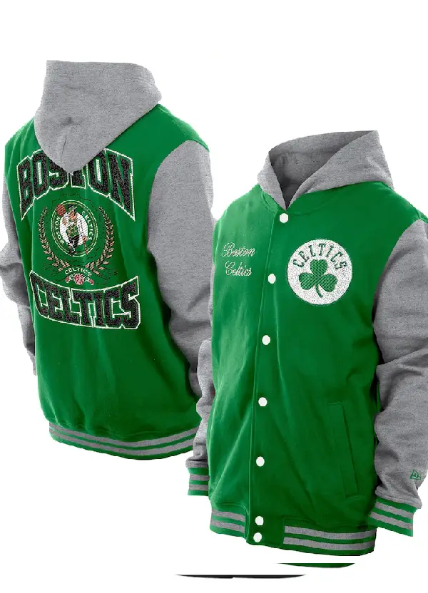 Men's Boston Celtics New Era Kelly Green Throwback Prep Chenille Full-Snap Hooded Varsity Jacket 1 Men's Celtics New Era Green Throwback Varsity Jacket