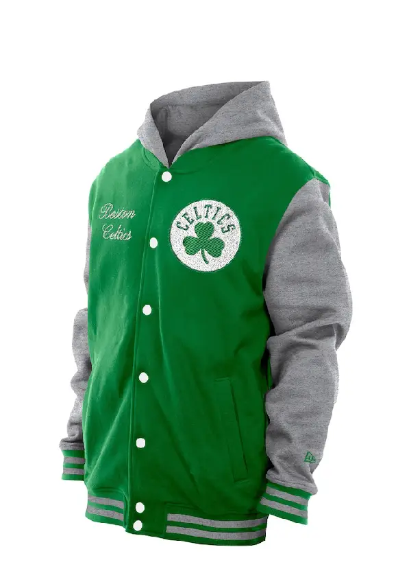 Men's Boston Celtics New Era Kelly Green Throwback Prep Chenille Full-Snap Hooded Varsity Jacket 2 Men's Celtics New Era Green Throwback Varsity Jacket