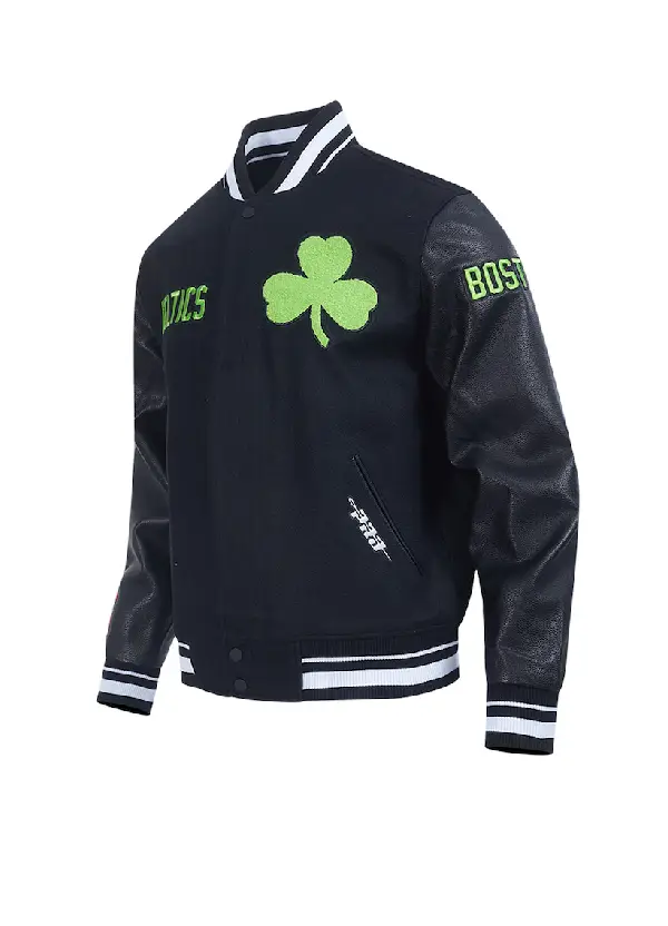 Men's Boston Celtics G-III Sports by Carl Banks Kelly Green Moneyball Wool & Leather Full-Snap Varsity Jacket 4 Men's Boston Celtics G-III Sports by Carl Banks Kelly Green Moneyball Wool & Leather Full-Snap Varsity Jacket - Image 4