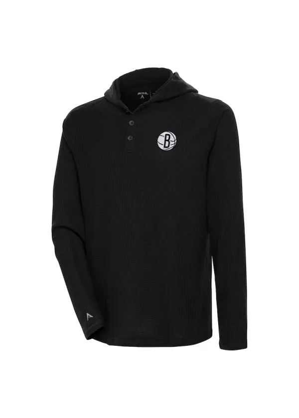 Men's Brooklyn Nets Antigua Black Strong Hold Long Sleeve Henley Hoodie T-Shirt 1 Men's Brooklyn Nets Antigua Black Strong Hold Long Sleeve Henley Hoodie T-Shirt
